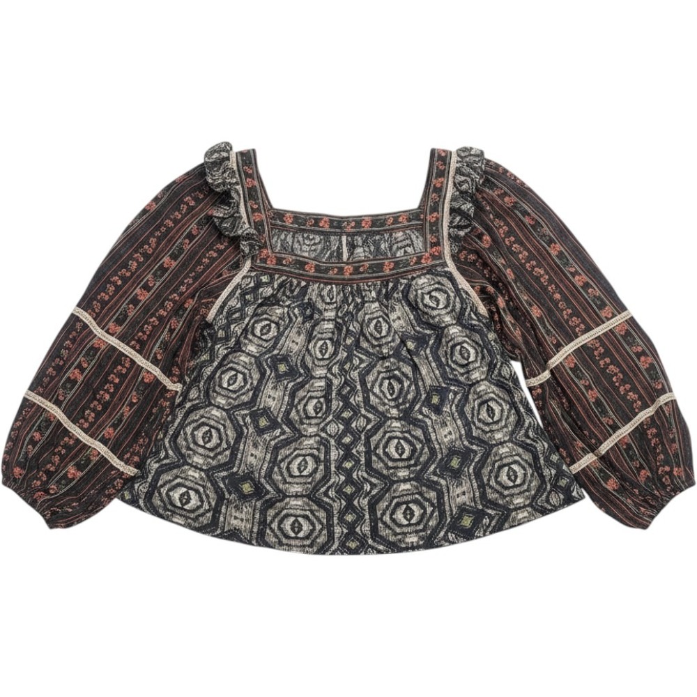 Free People Mixed Print Boho Cotton Blouse Square Neck Balloon Sleeve Small